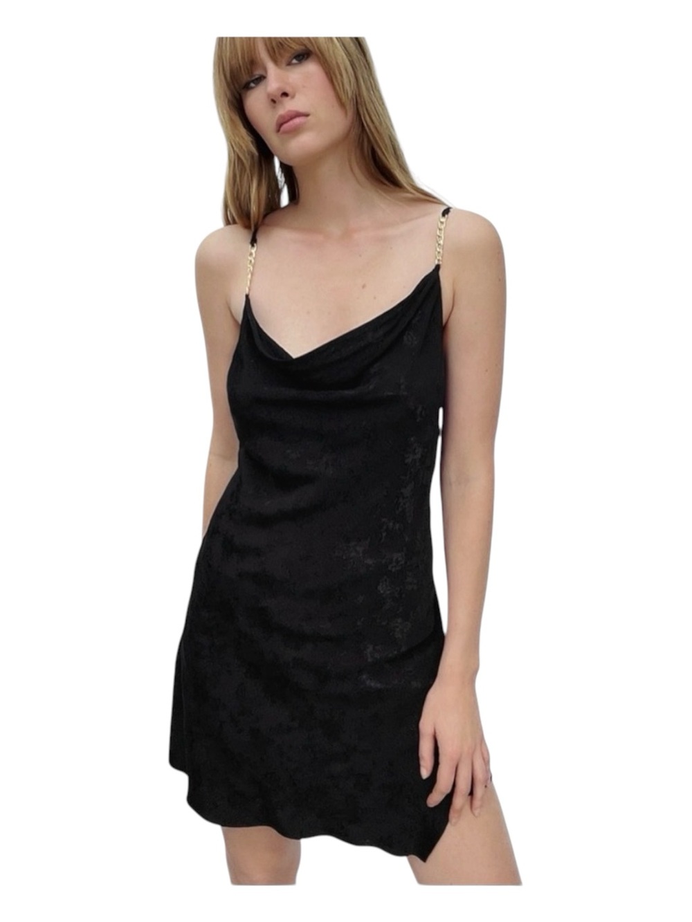 ZARA Jacquard Black Floral Gold Chain Mini Dress Cowl Drape Size XS